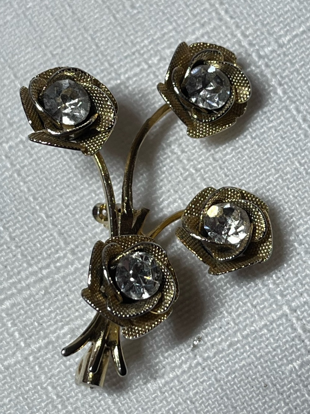 Vintage Gold Floral Brooch with Clear Crystals